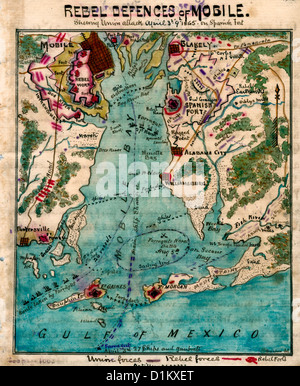 MAP  Rebel defenses of Mobile Bay, Alabama, showing Union attack April 3rd-9th 1865 on Spanish Fort. USA Civil War Stock Photo