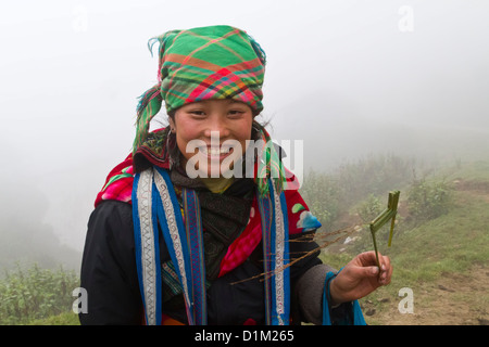 Hmong woman with grass sculpture of a horse, in winter clouds in Sapa, near China border in Vietnam. Stock Photo