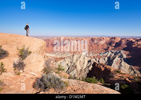 Tourist looking out at upheaval dome Island in the Sky, Canyonlands National Park, Utah USA United States of America Stock Photo