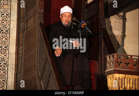 Dec. 28, 2012 - Cairo, Cairo, Egypt - Egyptian cleric Sheikh Yusuf al-Qaradawi, chairman of the International Union of Muslim Scholars, leads Friday prayers  before a protest against Syrian President Bashar al-Assad, at Al Azhar mosque in old Cairo December 28, 2012  (Credit Image: © Ashraf Amra/APA Images/ZUMAPRESS.com) Stock Photo