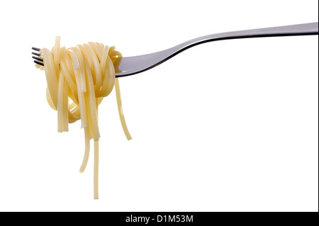 cooked plain spaghetti pasta on a fork isolated against white background Stock Photo