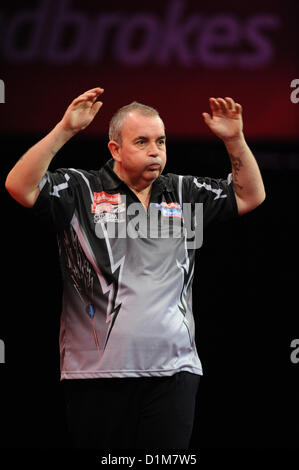 28.12.2012 London, England. Phil Taylor in action against Andy Hamilton during the Ladbrokes World Darts Championship Quarter Final from Alexandra Palace. Stock Photo