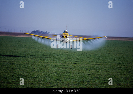 AERIAL SPRAYING HERBICIDE ON WHEAT FIELDS IN TEXAS Stock Photo