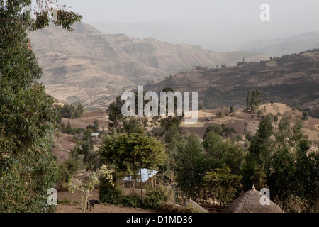Rolling hills and terraced farmland mark the landscape in Ankober, Ethiopia. Stock Photo