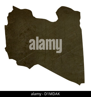 Dark silhouetted and textured map of Libya isolated on white background. Stock Photo