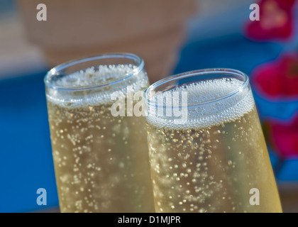 Close view on freshly poured glasses of champagne outdoors on sunny floral garden terrace with swimming pool in background Stock Photo