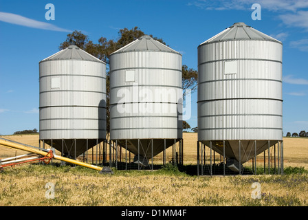 Grain silos on a farm in South-Western New South Wales, Australia Stock Photo