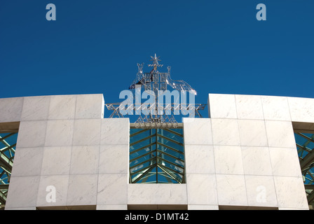 The Australian Coat of Arms above the entrance to Parliament House, Canberra, Australia Stock Photo