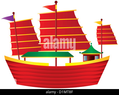 Chinese Junk Colorful Sail Boat Illustration Isolated on White Background Stock Photo