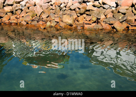 Reflections in the water near a man-made rock breakwater Stock Photo