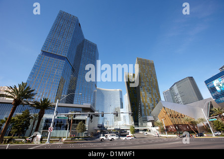 citycenter development including the mandarin oriental hotel tower and residences veer towers Las Vegas Nevada USA Stock Photo