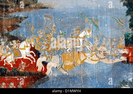 Murals of scenes from the Khmer (Reamker) version of the classic Indian epic Ramayana, Royal Palace, Phnom Penh, Cambodia Stock Photo