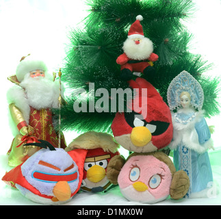 Angry Birds stuffed dolls Christmas celebration on white background Stock Photo