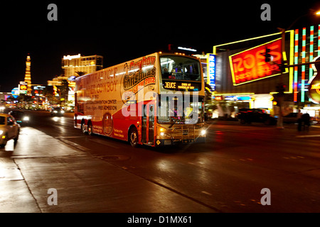 the deuce double deck bus on the Las Vegas strip Nevada USA. deliberate motion blur Stock Photo