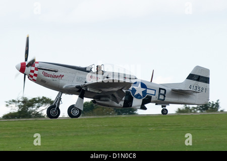 Restored P-51 Mustang WWII fighter aircraft landing after its display at the Sywell Air Show 2012 Stock Photo