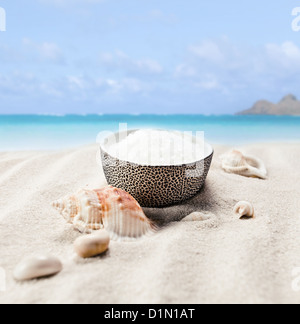 Sea salt and cockleshells on a beach Stock Photo