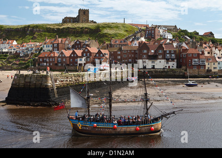 The Bark Endeavor, a replica of captain Cook's Endeavour, Whitby, North Yorkshire, England Stock Photo