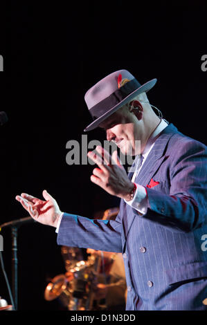 LINCOLN, CA – December 29: Scotty Morris with Big Bad Voodoo Daddy performs at Thunder Valley Casino Resort in Lincoln, California on December 28, 2012 Stock Photo