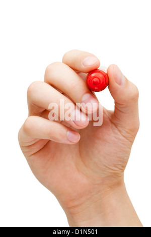 Hand holding red marker isolated on white with copy space. Stock Photo