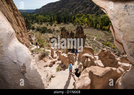 Looking from inside cliff dwelling in Bandelier National Monument over Frijoles Canyon Stock Photo