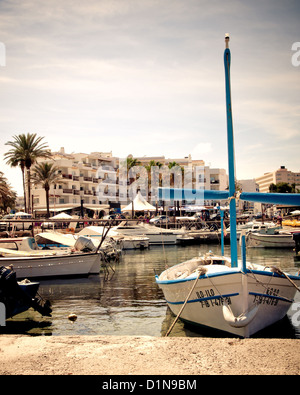 Boats moored in the tourist resort of Es Cana on the island of Ibiza Stock Photo