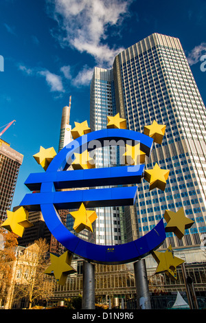 Euro monument in front of the European Central Bank headquarters at Willy Brandt Platz, Frankfurt am Main, Hesse, Germany Stock Photo