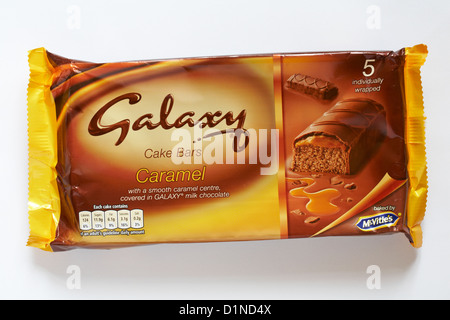 Packet of McVitie's Galaxy cake bars Caramel isolated on white background - with a smooth caramel centre covered in Galaxy milk chocolate Stock Photo