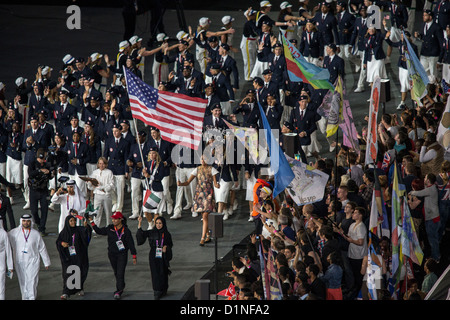 USA Team lead by flag bearer Mariel Zagunis at the Opening Ceremonies, Olympics London 2012 Stock Photo