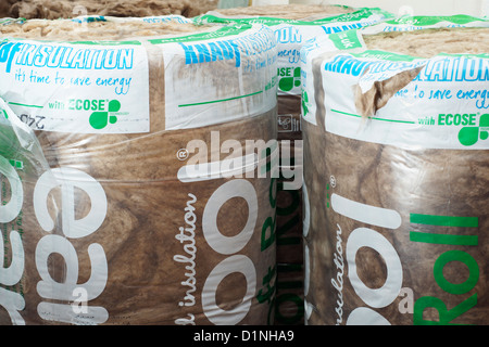 Rolls of Earthwool Carbon zero loft & cavity insulation to insulate loft space for retaining heat & saving energy Stock Photo