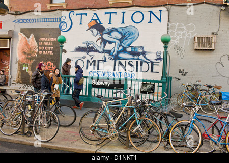 Bicycles populate alternative streets of Williamsburg, Brooklyn, New York Stock Photo