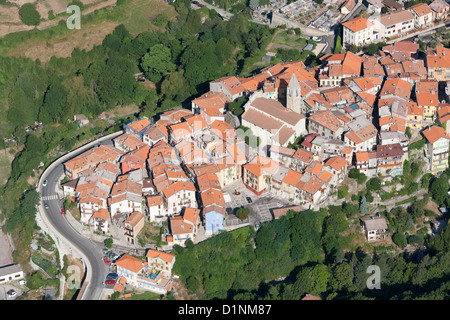 AERIAL VIEW. Medieval village in the Vésubie Valley. Saint-Martin-Vésubie, French Riviera's backcountry, Alpes-Maritimes, France. Stock Photo