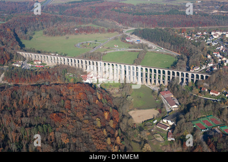 AERIAL VIEW. Three-story stone viaduct built in 1857. On the railroad line Paris-Basel. Chaumont, Haute-Marne, Grand Est, France. Stock Photo