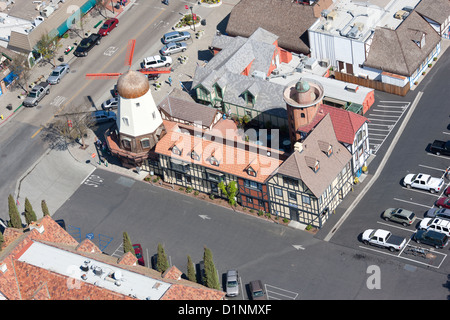 AERIAL VIEW. Danish architecture in a town founded by Danish settlers. Solvang, Santa Ynez Valley, Santa Barbara County, California, USA. Stock Photo
