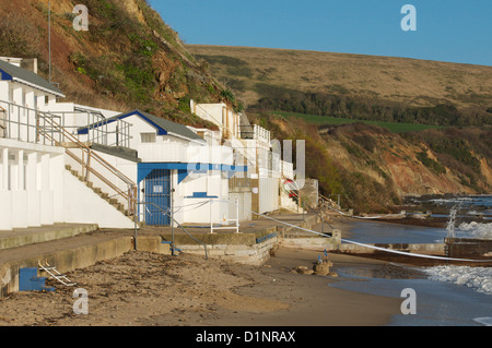 Swanage cliffs and beach huts at the northern end of Swanage bay Stock Photo