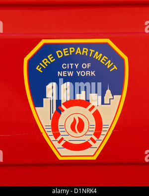 New York City Fire Department emblem on side of truck. Stock Photo