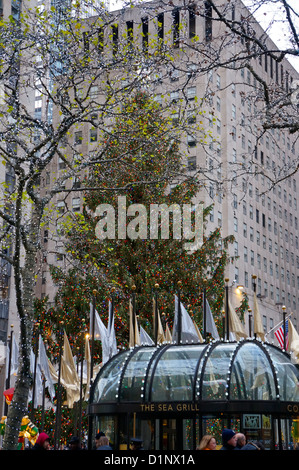 Tourists come to see the tree at Rockefeller Center every Christmas in New York City, NY. Stock Photo