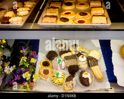 Display of Danish Cakes and Pastries in Solvang California USA Stock Photo