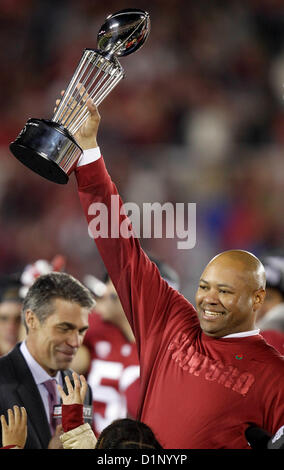 Jan. 1, 2013 - Pasadena, California, U.S. - Stanford head coach DAVID SHAW  holds up the Rose Bowl trophy after defeating Wisconsin 20-14 in the 2013 Rose Bowl. (Credit Image: © U-T San Diego/ZUMAPRESS.com) Stock Photo