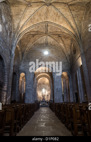 Main nave of the Church of St. Salvadore in Monasterio de Leyre in Navarre, Spain. Stock Photo