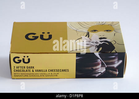 Gü box of Gu 2 after dark chocolate & vanilla cheesecakes with Madagascan vanilla & our signature chocolate ganache isolated  on white background Stock Photo