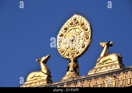 The Boudhanath's wheel of Dharma  wheel of law and deers Bodhnath Nepal Stock Photo