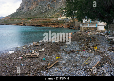 Rubbish garbage litter on beach,Kalymnos Greece Stock Photo