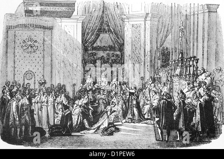 Coronation of French emperor Napoleon I in Notre Dame, Paris. 2 December 1804. Antique illustration, 1856. Stock Photo