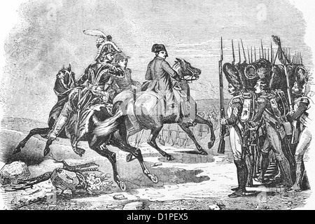 Napoleon inspects the Guard before the battle of Jena. 1804. Antique illustration, 1856. Stock Photo