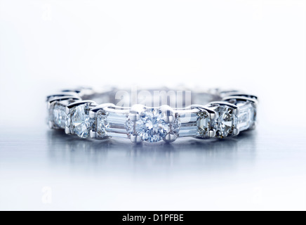 Diamond ring with round and baguette shaped diamonds Stock Photo