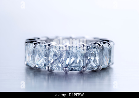 Diamond ring with emerald shaped diamonds Stock Photo