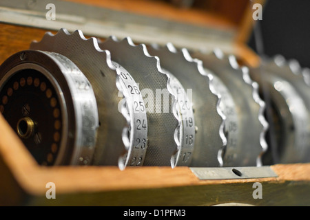 The rotors of a German Enigma coding device  at Bletchley Park, Buckinghamshire Stock Photo