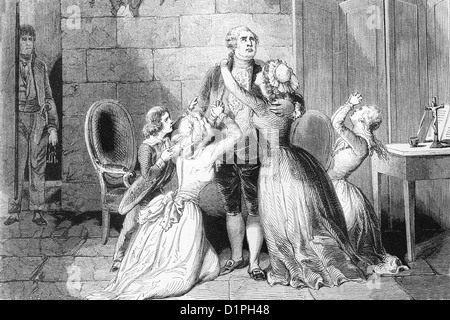 Louis XVI (23th August 1754-21th January 1793) says goodbye to his family before his execution. Antique illustration, 1855. Stock Photo