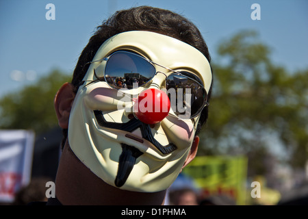March against corruption - activists wearing Guy Fawkes masks in street protest against corruption in the Brazilian Government