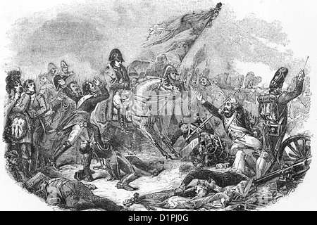 Napoleon Bonaparte (1769-1821), emperor of France. Battle of Waterloo, 18thJune 1815. Antique illustration, 1855. Stock Photo